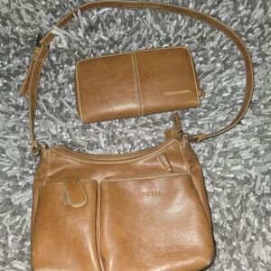 Rosetti Camel Brown Leather Shoulder Bag with Matching Wallet
